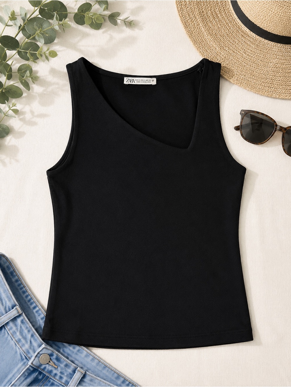 Zara Black Asymmetrical Neck Sleeveless Stretch Knit Tank Top Women’s S